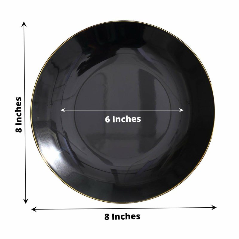 10 Pack Glossy Black Round Plastic Dessert Plates With Gold Rim, Disposable Appetizer Salad Party Plates 8″  |   Disposable Salad/Dessert Plates Disposable Plates Black