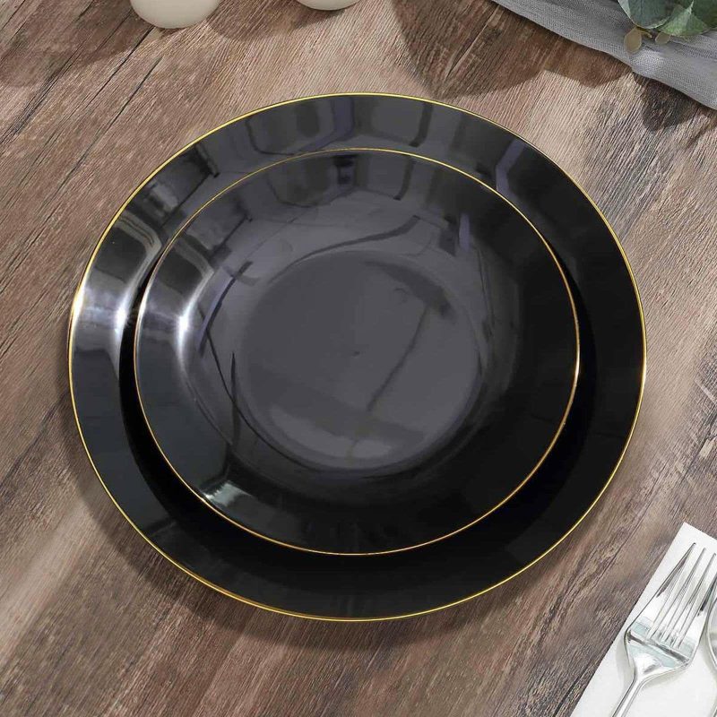 10 Pack Glossy Black Round Plastic Dessert Plates With Gold Rim, Disposable Appetizer Salad Party Plates 8″  |   Disposable Salad/Dessert Plates Disposable Plates Black