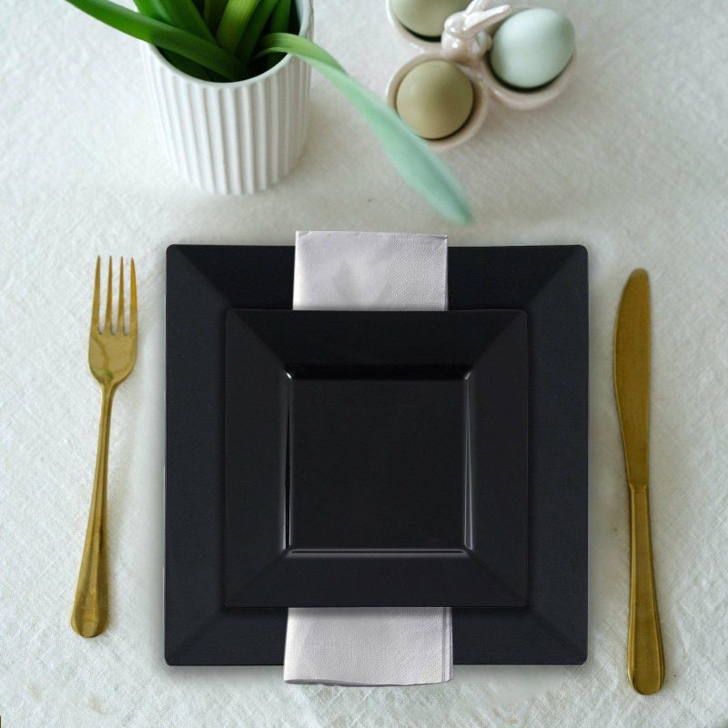 10 Pack Glossy Black Square Plastic Dessert Appetizer Plates With Wide Rim 6″  |   Disposable Salad/Dessert Plates Disposable Plates Black