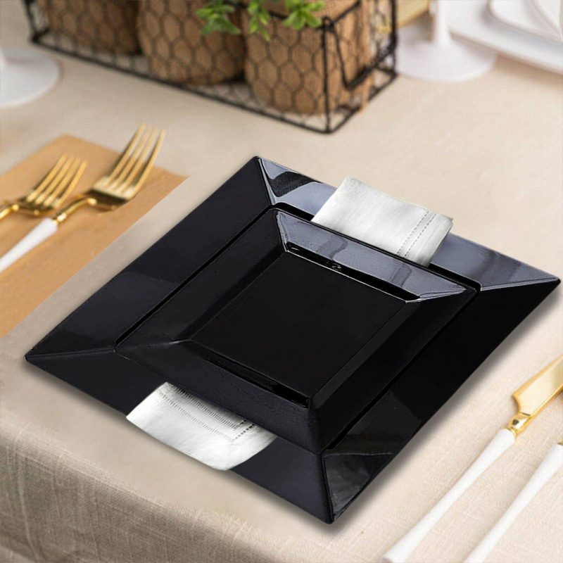 10 Pack Glossy Black Square Plastic Dessert Appetizer Plates With Wide Rim 6″  |   Disposable Salad/Dessert Plates Disposable Plates Black