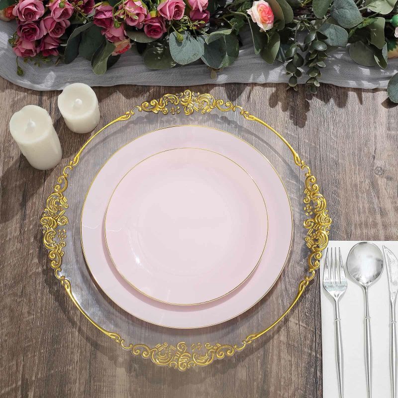 10 Pack Glossy Blush Round Plastic Dinner Plates With Gold Rim, Disposable Party Plates 10″  |   Disposable Dinner Plates Disposable Plates Blush