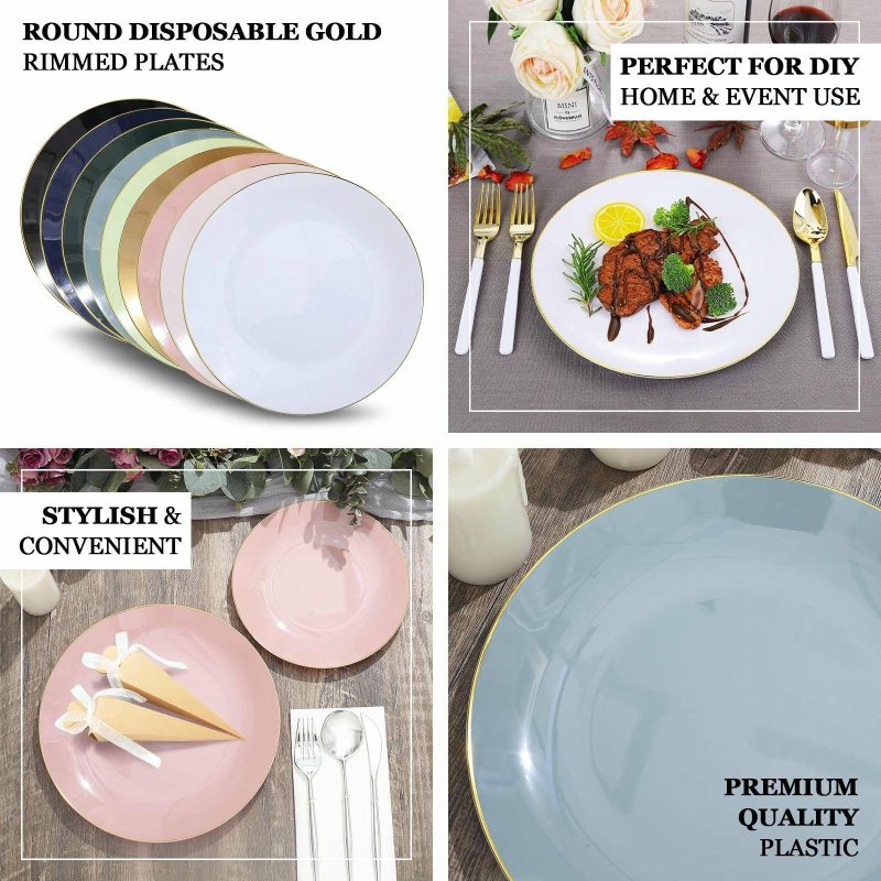 10 Pack Glossy Blush Round Plastic Dinner Plates With Gold Rim, Disposable Party Plates 10″  |   Disposable Dinner Plates Disposable Plates Blush