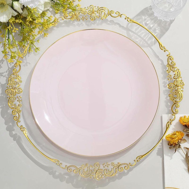 10 Pack Glossy Blush Round Plastic Dinner Plates With Gold Rim, Disposable Party Plates 10″  |   Disposable Dinner Plates Disposable Plates Blush