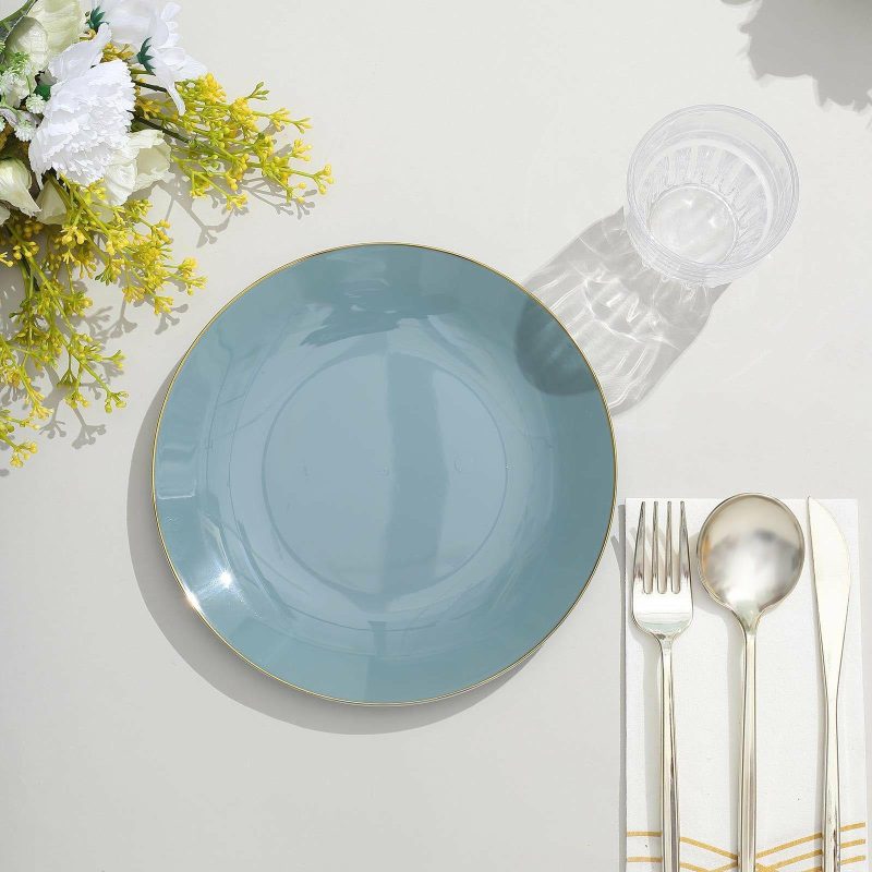 10 Pack Glossy Dusty Blue Round Plastic Dessert Plates With Gold Rim, Disposable Appetizer Salad Party Plates 8″  |   Disposable Salad/Dessert Plates Disposable Plates Disposable Salad/Dessert Plates