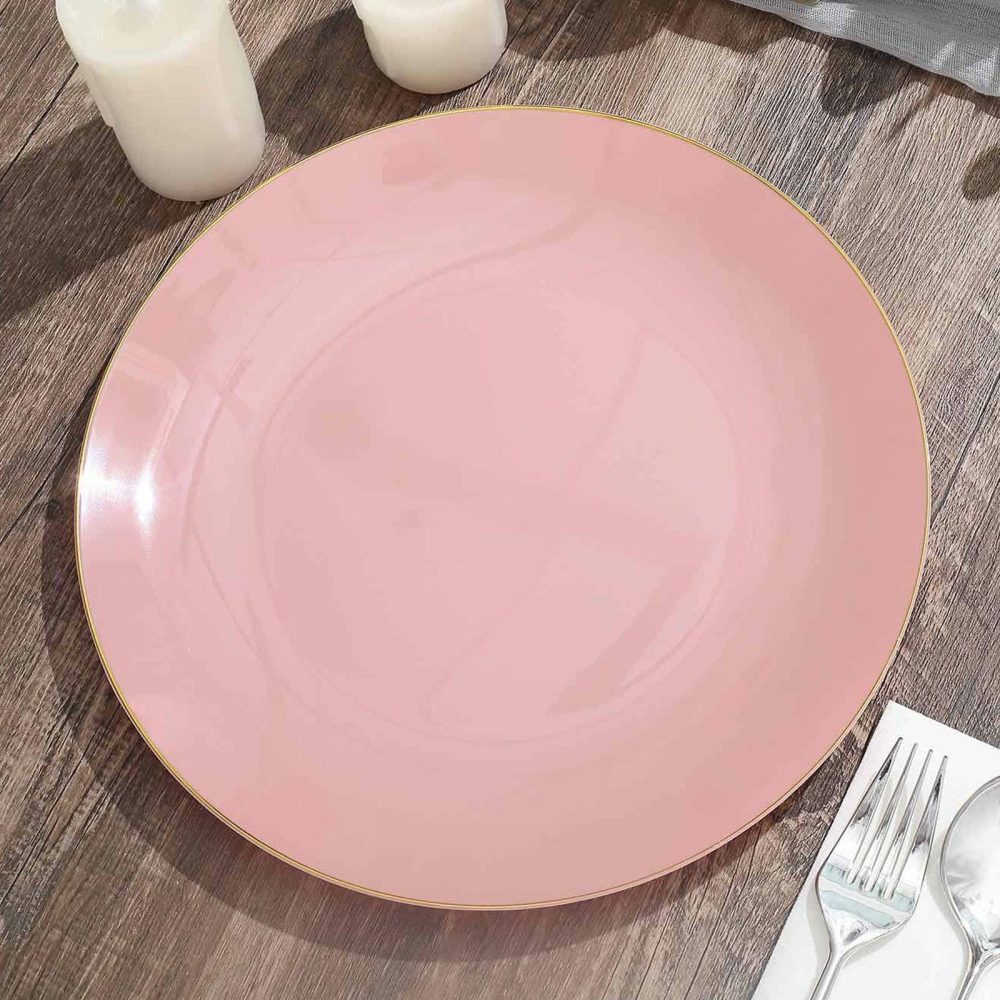 10 Pack Glossy Dusty Rose Round Plastic Dinner Plates With Gold Rim, Disposable Party Plates 10″  |   Disposable Dinner Plates Disposable Dinner Plates Disposable Dinner Plates