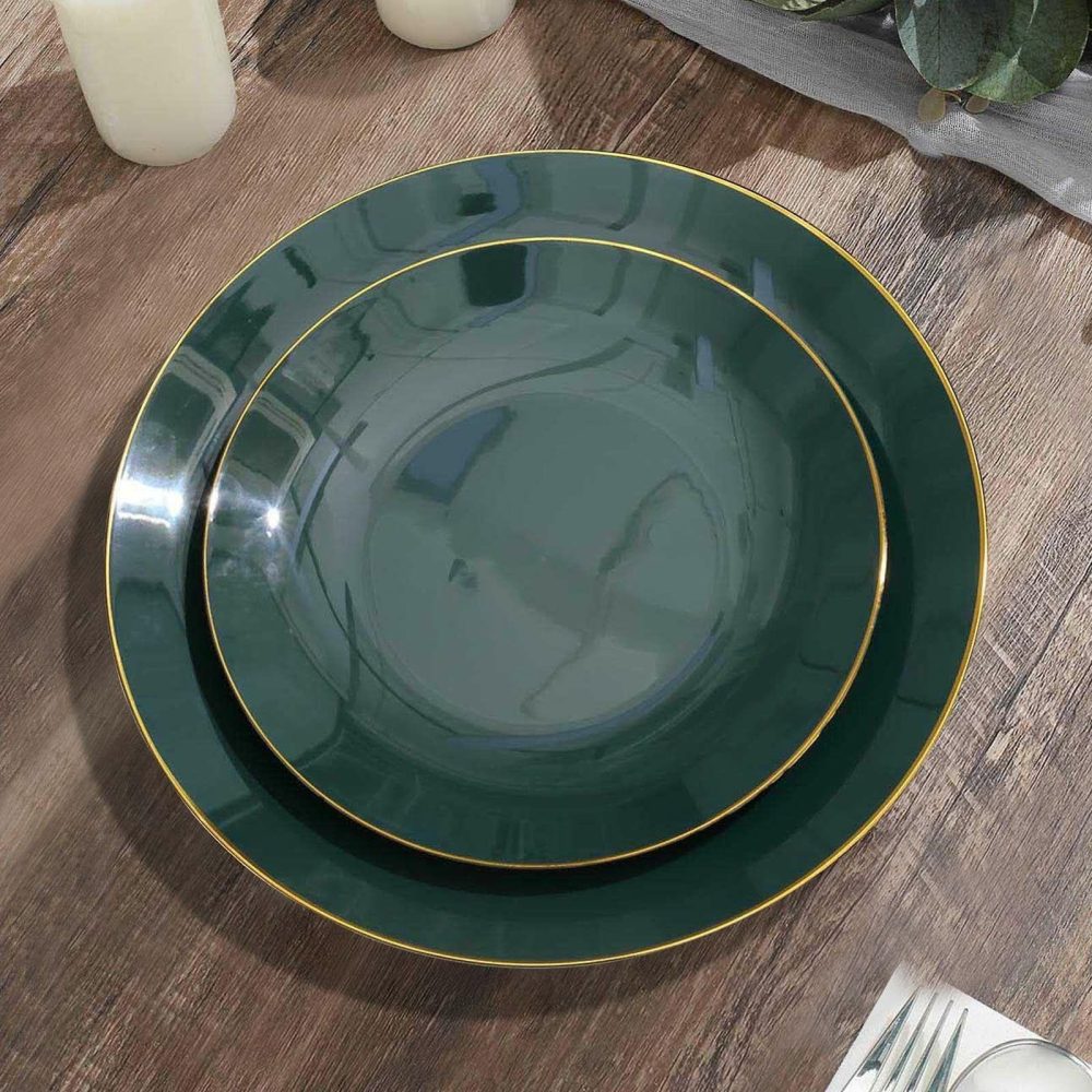 10 Pack Glossy Hunter Emerald Green Round Plastic Dessert Plates With Gold Rim, Disposable Appetizer Salad Party Plates 8″  |   Disposable Salad/Dessert Plates Disposable Plates Disposable Salad/Dessert Plates