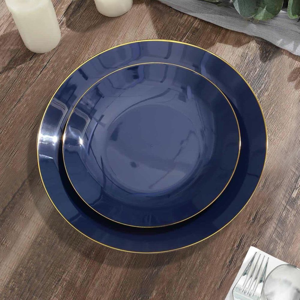 10 Pack Glossy Navy Blue Round Plastic Dessert Plates With Gold Rim, Disposable Appetizer Salad Party Plates 8″  |   Disposable Salad/Dessert Plates Disposable Plates Disposable Salad/Dessert Plates