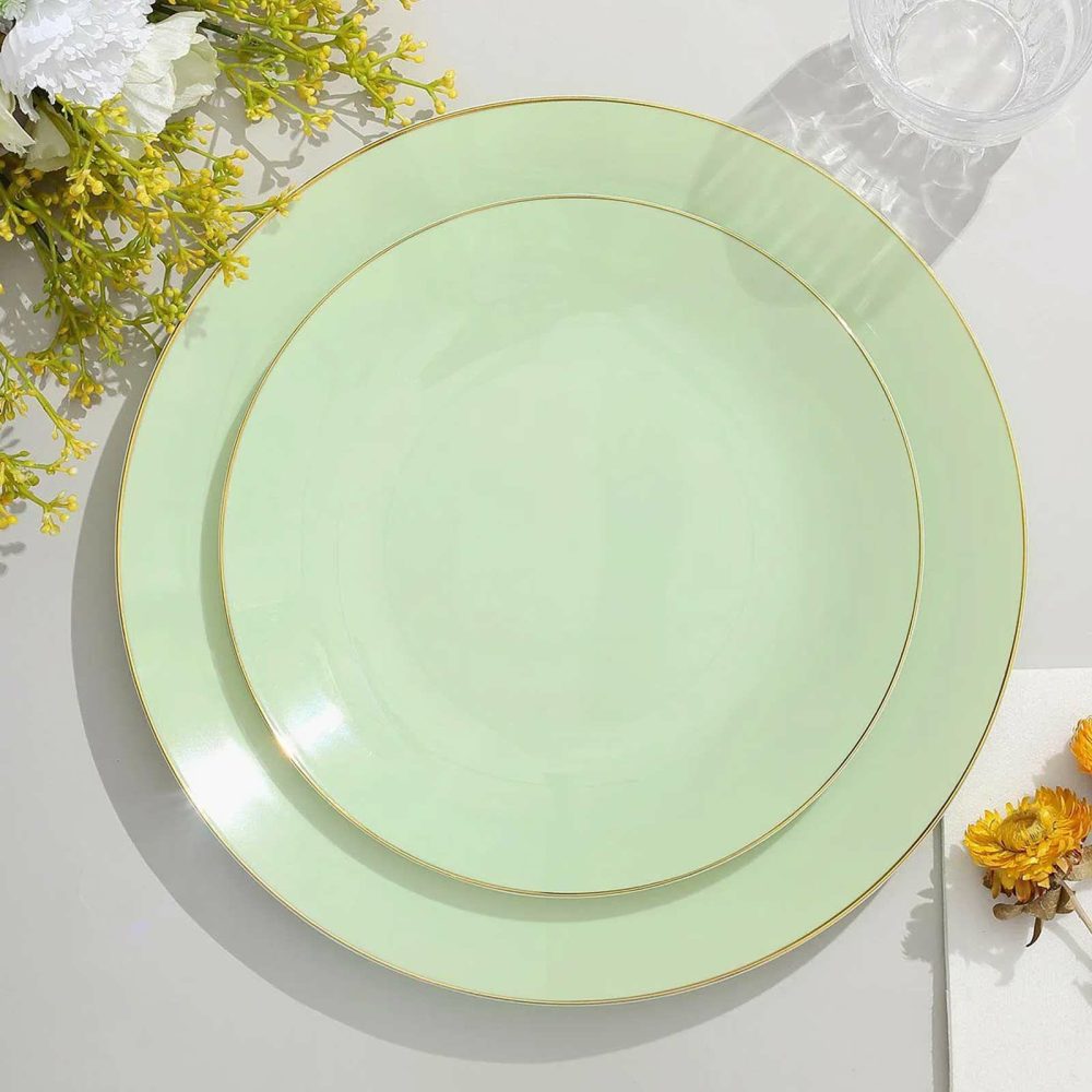 10 Pack Glossy Sage Green Round Plastic Dessert Plates With Gold Rim, Disposable Appetizer Salad Party Plates 8″  |   Disposable Salad/Dessert Plates Disposable Plates Disposable Salad/Dessert Plates