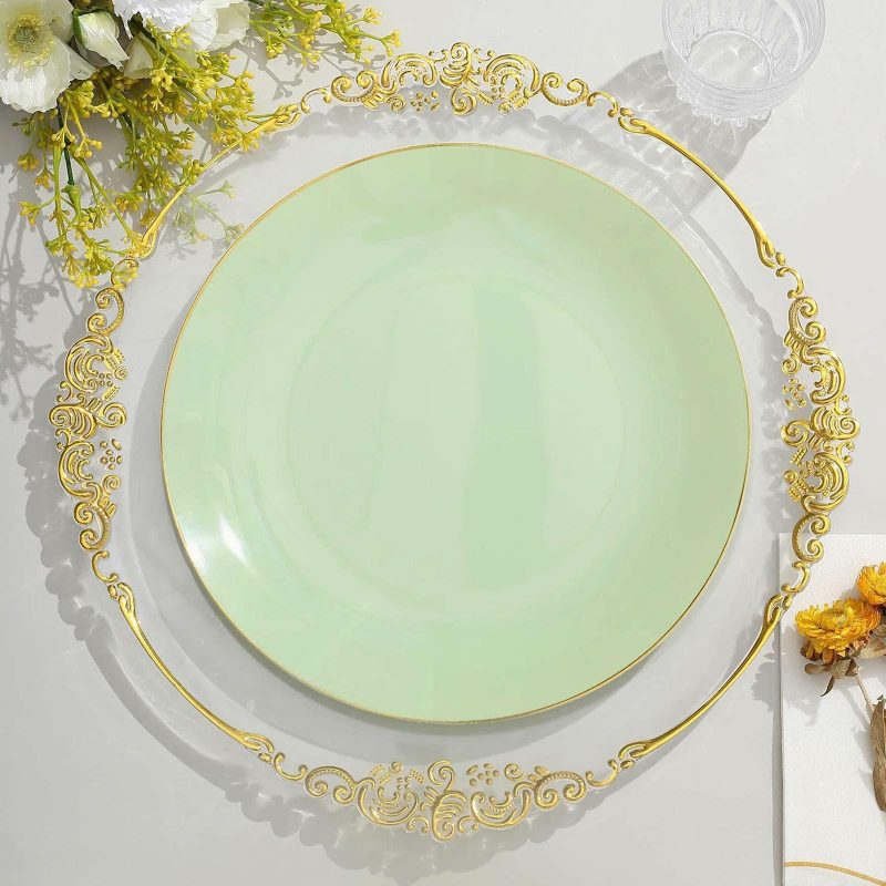 10 Pack Glossy Sage Green Round Plastic Dinner Plates With Gold Rim, Disposable Party Plates 10″  |   Disposable Dinner Plates Disposable Dinner Plates Disposable Dinner Plates