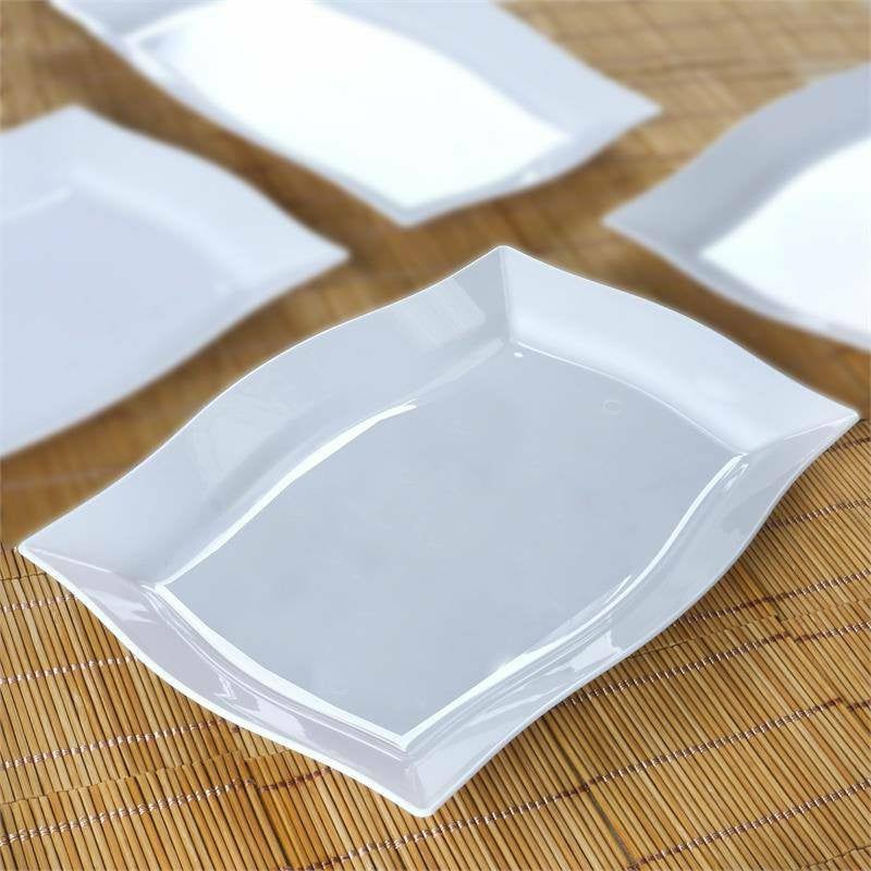 10 Pack Glossy White Plastic Rectangular Serving Plates With Wave Trimmed Rim 12″  |   Servingwares Disposable Plates Servingwares