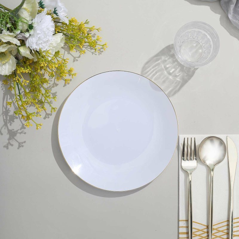 10 Pack Glossy White Round Plastic Dessert Plates With Gold Rim, Disposable Appetizer Salad Party Plates 8″  |   Disposable Salad/Dessert Plates Disposable Plates Disposable Salad/Dessert Plates