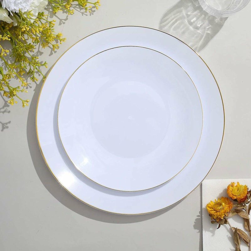 10 Pack Glossy White Round Plastic Dessert Plates With Gold Rim, Disposable Appetizer Salad Party Plates 8″  |   Disposable Salad/Dessert Plates Disposable Plates Disposable Salad/Dessert Plates