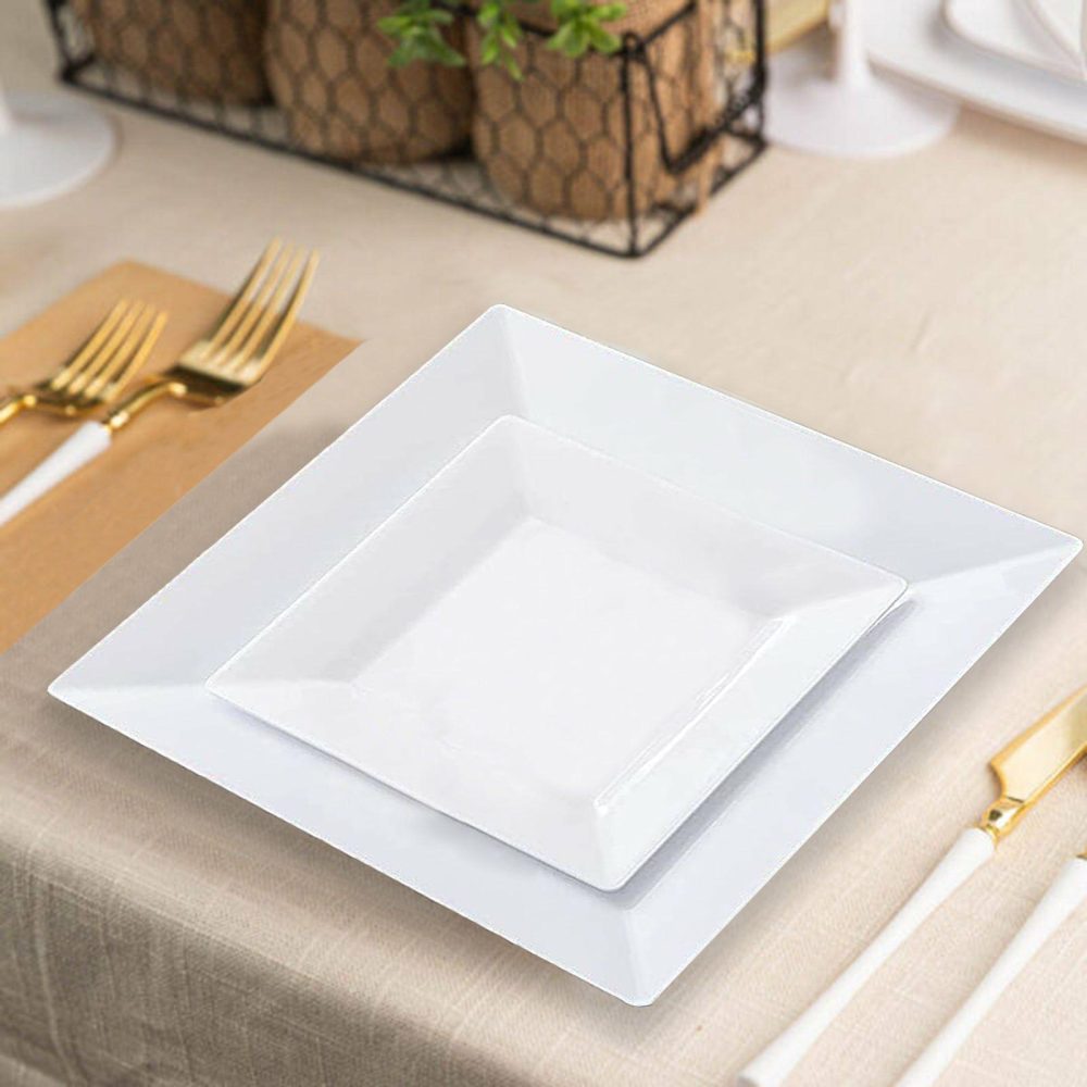 10 Pack Glossy White Square Plastic Dessert Appetizer Plates With Wide Rim 6″  |   Disposable Salad/Dessert Plates Disposable Plates Disposable Salad/Dessert Plates