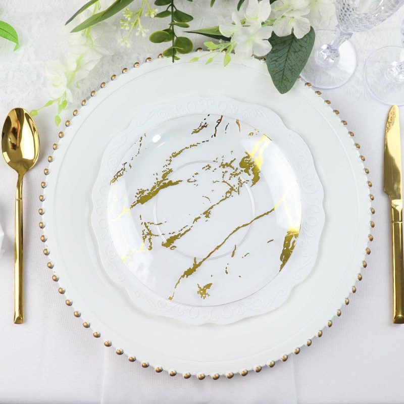 10 Pack Gold and Clear Marble Plastic Appetizer Salad Plates 8″  |   Disposable Salad/Dessert Plates Disposable Plates Clear/Gold