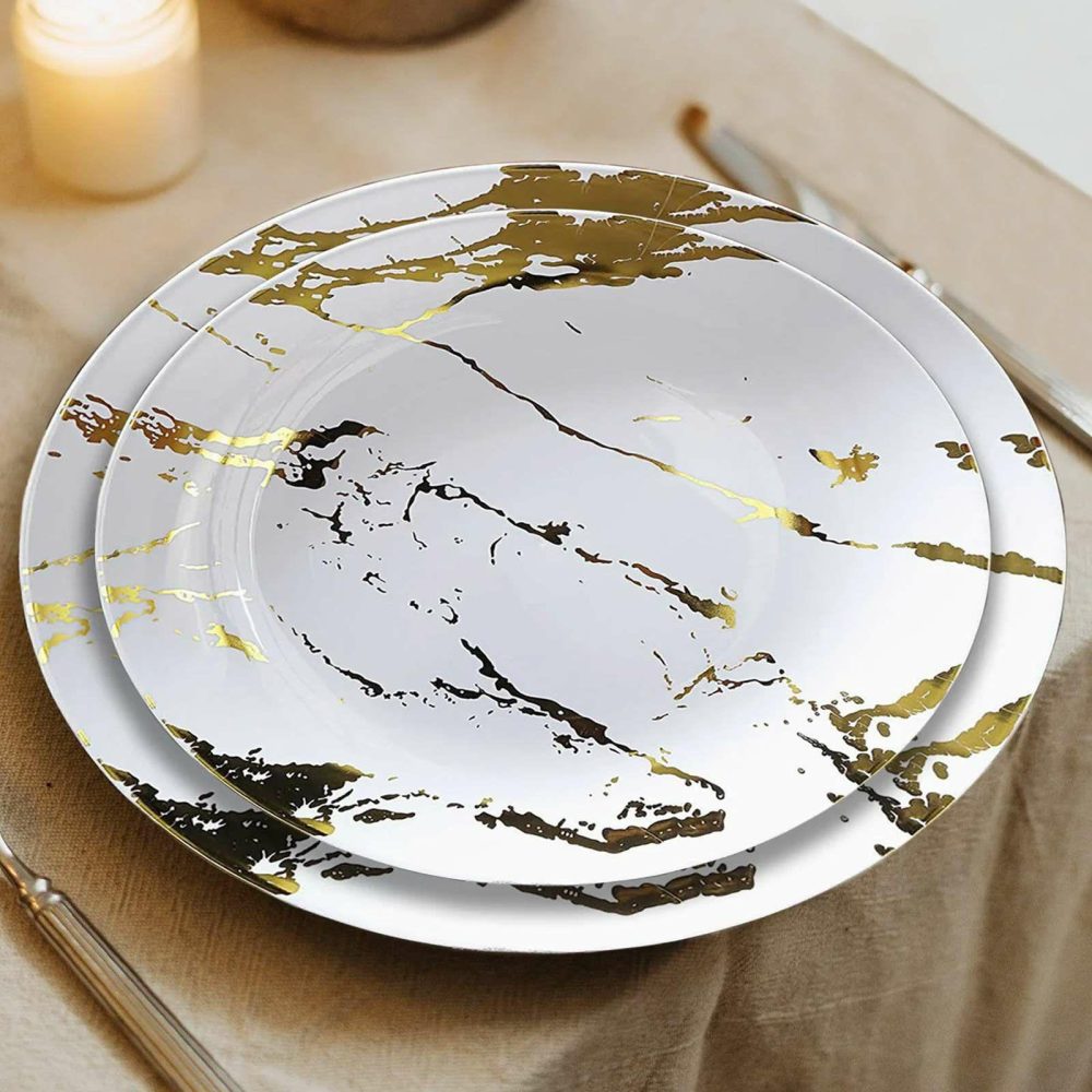 10 Pack Gold and White Marble Plastic Appetizer Salad Plates 8″  |   Disposable Salad/Dessert Plates Disposable Plates Disposable Salad/Dessert Plates