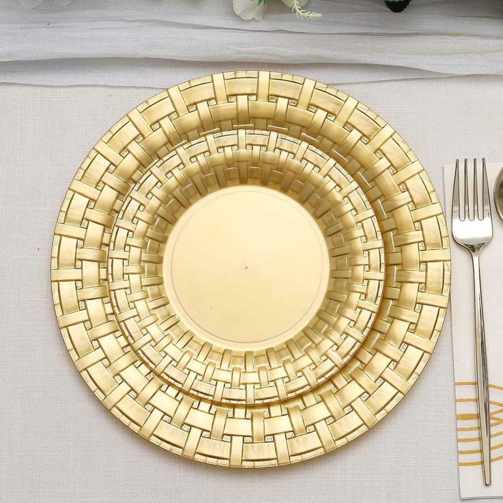 10 Pack Gold Basketweave Rim Plastic Salad Dessert Plates, Round Disposable Appetizer Plates 7″  |   Disposable Salad/Dessert Plates Disposable Plates Disposable Salad/Dessert Plates