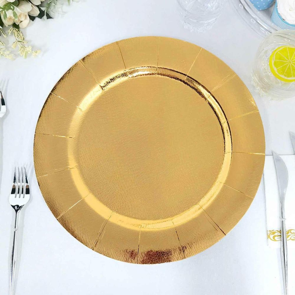 10 Pack Gold Disposable Charger Plates, Cardboard Serving Tray, Round with Leathery Texture 1100 GSM 13″  |   Eco-Friendly & Paper Plates Disposable Plates Eco-Friendly & Paper Plates