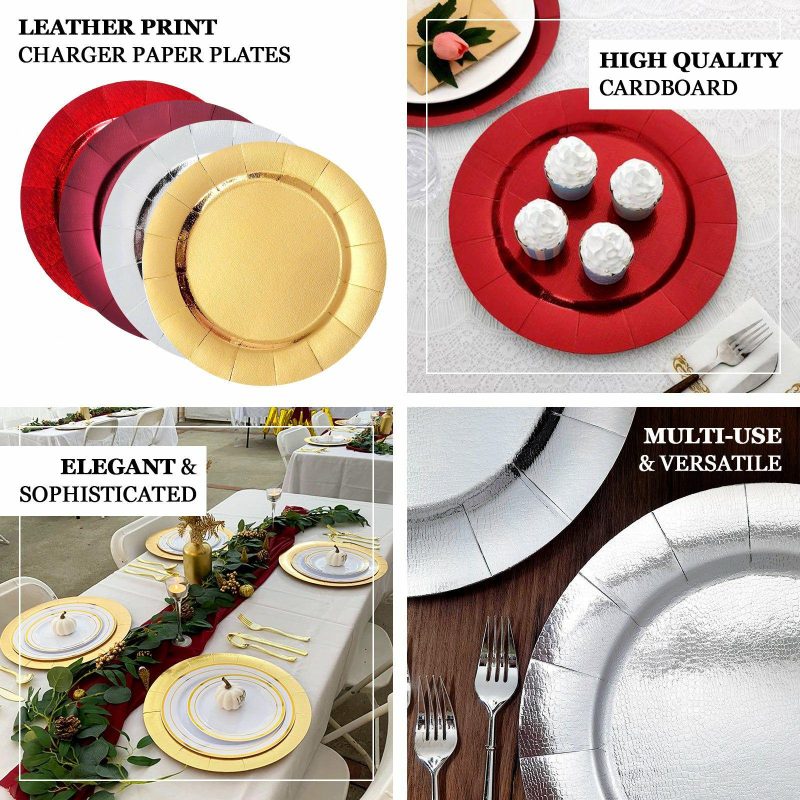 10 Pack Gold Disposable Charger Plates, Cardboard Serving Tray, Round with Leathery Texture 1100 GSM 13″  |   Eco-Friendly & Paper Plates Disposable Plates Eco-Friendly & Paper Plates