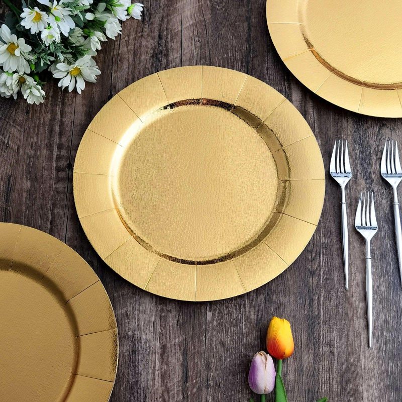 10 Pack Gold Disposable Charger Plates, Cardboard Serving Tray, Round with Leathery Texture 1100 GSM 13″  |   Eco-Friendly & Paper Plates Disposable Plates Eco-Friendly & Paper Plates