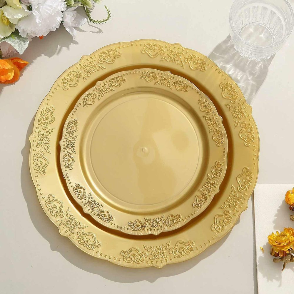 10 Pack Gold Embossed Hard Plastic Dessert Appetizer Plates, Disposable Round Salad Plates With Scalloped Edges 7.5″  |   Disposable Salad/Dessert Plates Disposable Plates Disposable Salad/Dessert Plates