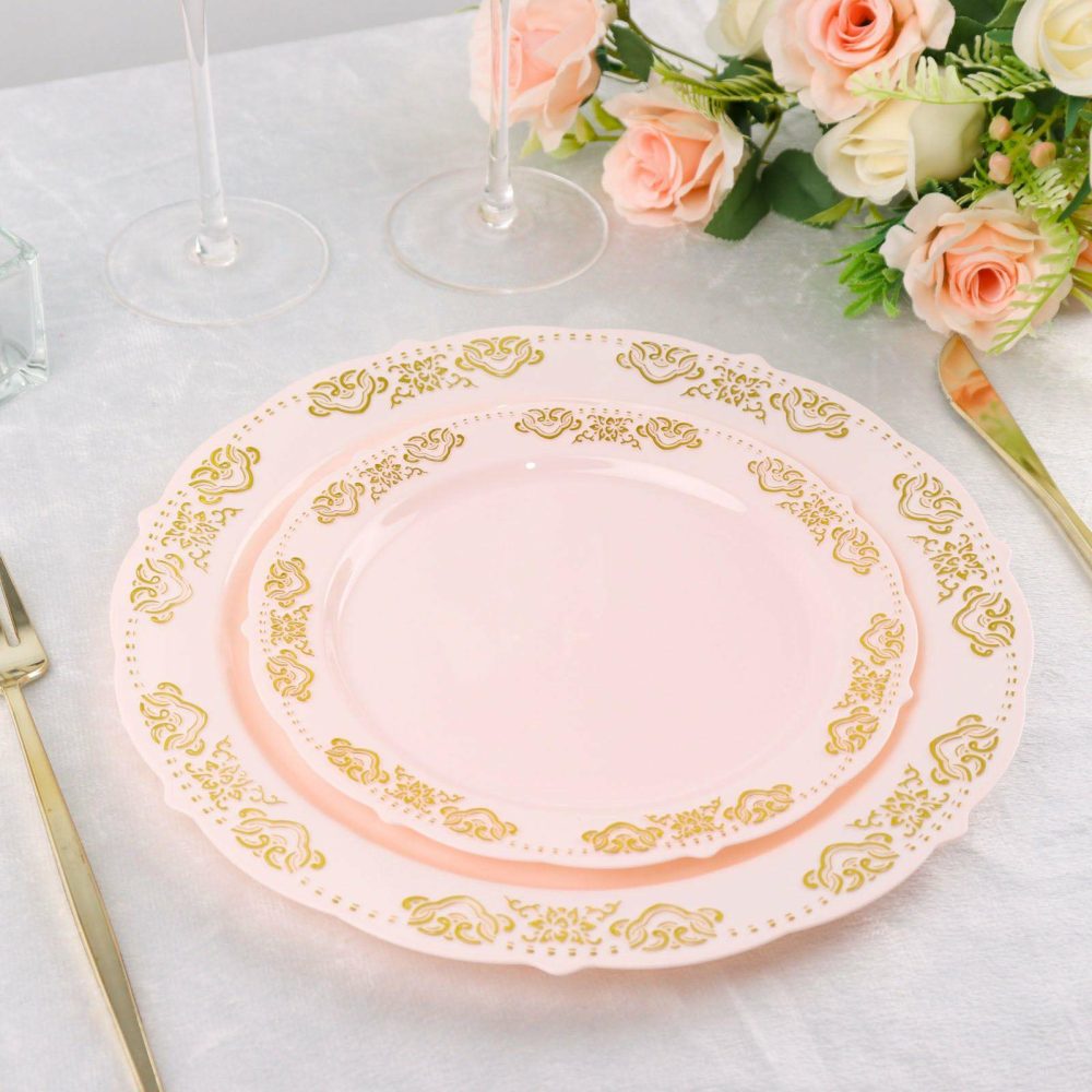 10 Pack Gold Embossed Plastic Appetizer Salad Plates, Round Blush With Scalloped Edges 7.5″  |   Disposable Salad/Dessert Plates Disposable Plates Blush/Gold