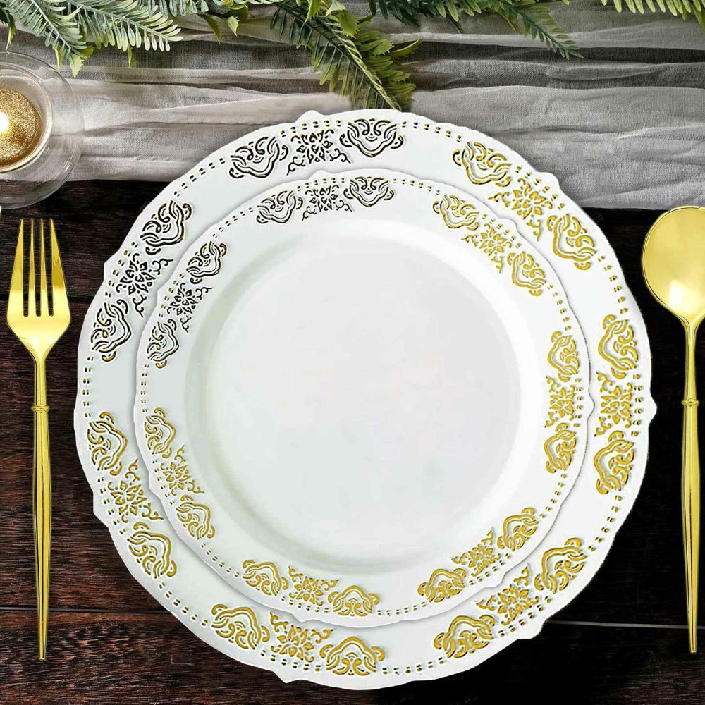 10 Pack Gold Embossed Plastic Appetizer Salad Plates, Round White/Gold With Scalloped Edges 7.5″  |   Disposable Salad/Dessert Plates Disposable Plates Disposable Salad/Dessert Plates