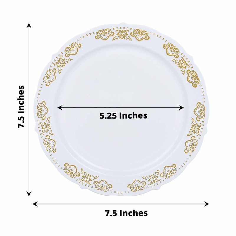 10 Pack Gold Embossed Plastic Appetizer Salad Plates, Round White/Gold With Scalloped Edges 7.5″  |   Disposable Salad/Dessert Plates Disposable Plates Disposable Salad/Dessert Plates