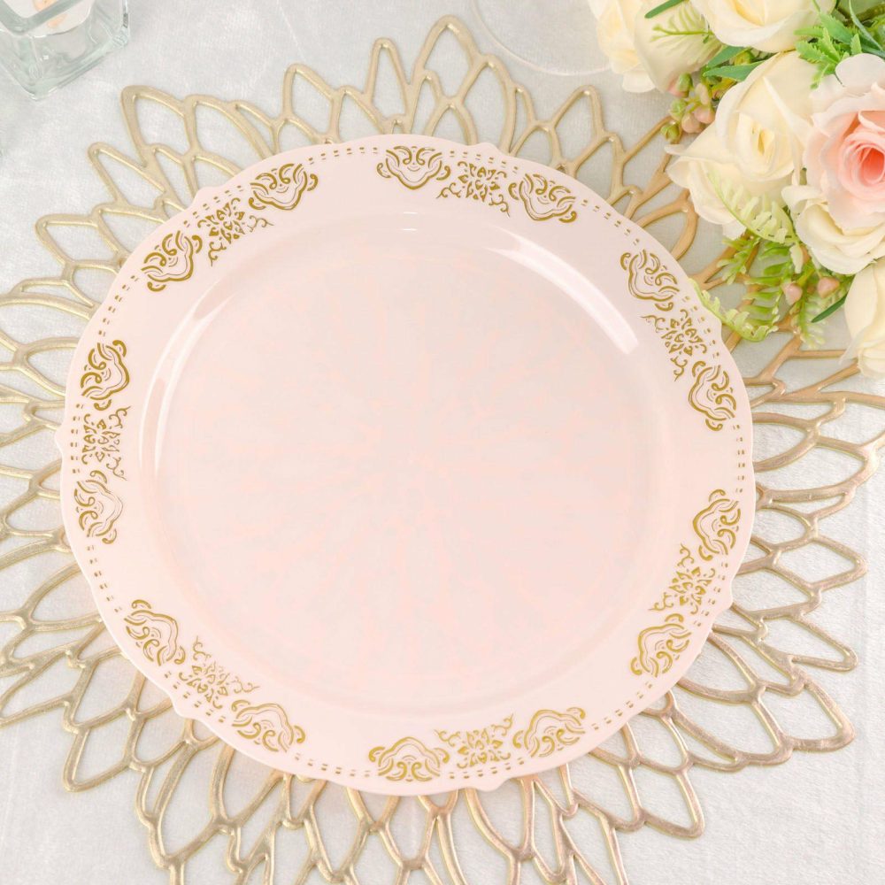 10 Pack Gold Embossed Plastic Dinner Plates – Round Blush With Scalloped Edges 10″  |   Disposable Dinner Plates Disposable Dinner Plates Blush/Gold