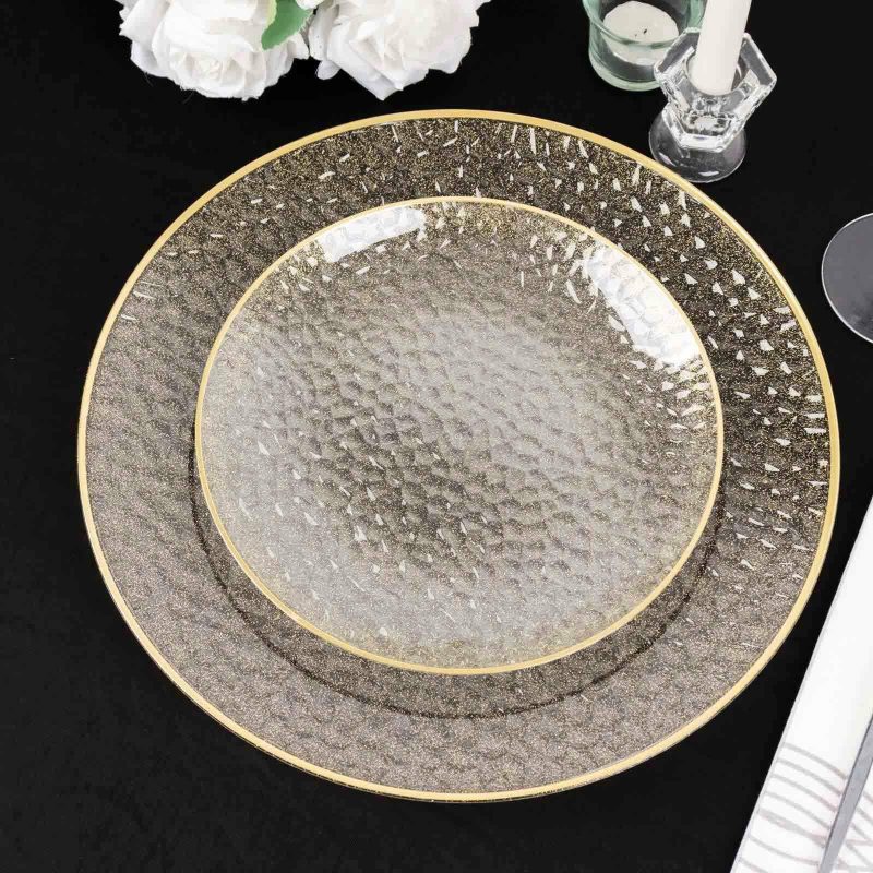 10 Pack Gold Glitter Clear Hammered Plastic Dessert Plates, Round Disposable Appetizer Salad Plates With Gold Rim – 7″  |   Disposable Salad/Dessert Plates Disposable Plates Clear/Glitter Gold