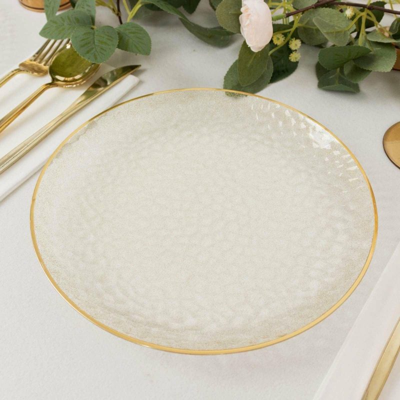 10 Pack Gold Glitter Clear Hammered Plastic Dinner Plates, Round Disposable Party Plates With Gold Rim – 9″  |   Disposable Dinner Plates Disposable Dinner Plates Clear/Glitter Gold