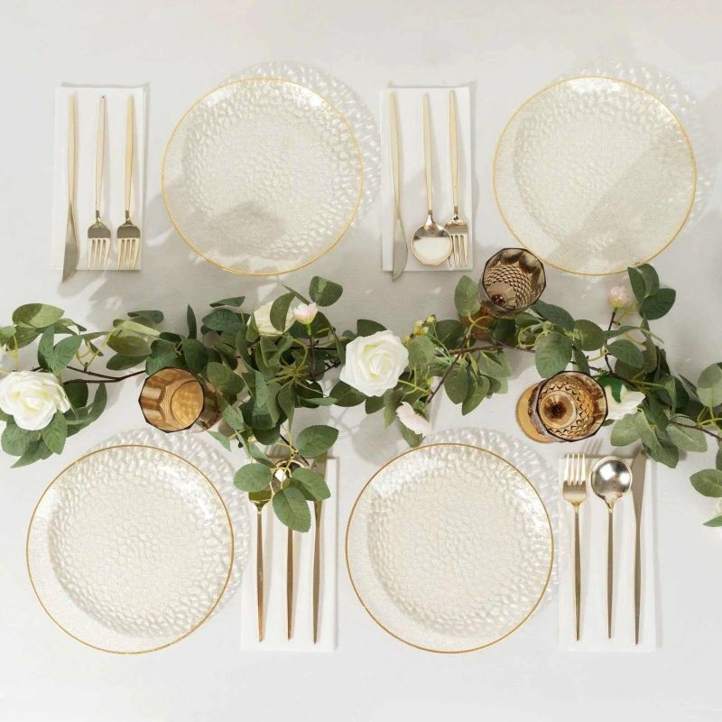 10 Pack Gold Glitter Clear Hammered Plastic Dinner Plates, Round Disposable Party Plates With Gold Rim – 9″  |   Disposable Dinner Plates Disposable Dinner Plates Clear/Glitter Gold