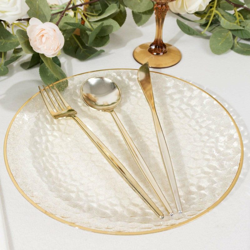 10 Pack Gold Glitter Clear Hammered Plastic Dinner Plates, Round Disposable Party Plates With Gold Rim – 9″  |   Disposable Dinner Plates Disposable Dinner Plates Clear/Glitter Gold