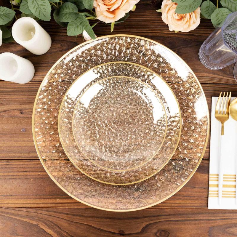 10 Pack Gold Glitter Clear Hammered Plastic Dinner Plates, Round Disposable Party Plates With Gold Rim – 9″  |   Disposable Dinner Plates Disposable Dinner Plates Clear/Glitter Gold