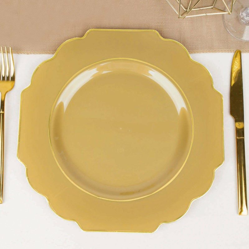 10 Pack Gold Hard Plastic Baroque Dinner Plates with Gold Rim, Heavy Duty Disposable Dinnerware 11″  |   Disposable Dinner Plates Disposable Dinner Plates Disposable Dinner Plates