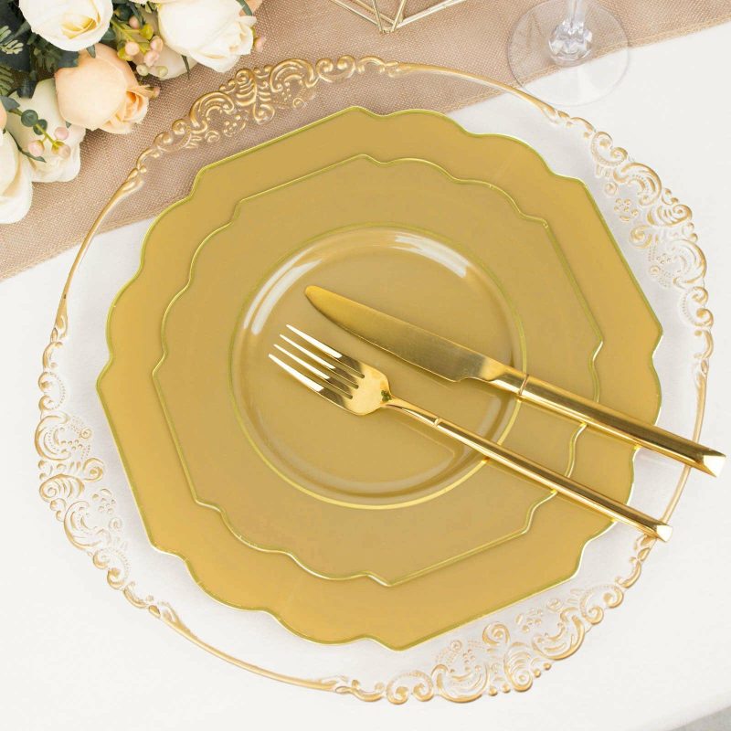 10 Pack Gold Hard Plastic Baroque Dinner Plates with Gold Rim, Heavy Duty Disposable Dinnerware 11″  |   Disposable Dinner Plates Disposable Dinner Plates Disposable Dinner Plates