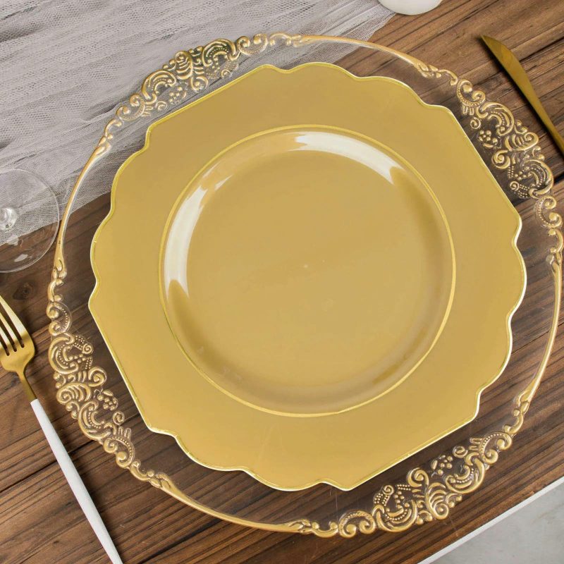 10 Pack Gold Hard Plastic Baroque Dinner Plates with Gold Rim, Heavy Duty Disposable Dinnerware 11″  |   Disposable Dinner Plates Disposable Dinner Plates Disposable Dinner Plates