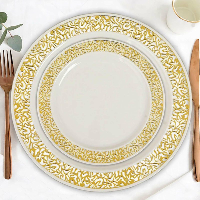 10 Pack Gold Lace Rim Ivory Plastic Dessert Appetizer Plates, Disposable Salad Plates 6″  |   Disposable Salad/Dessert Plates Disposable Plates Disposable Salad/Dessert Plates