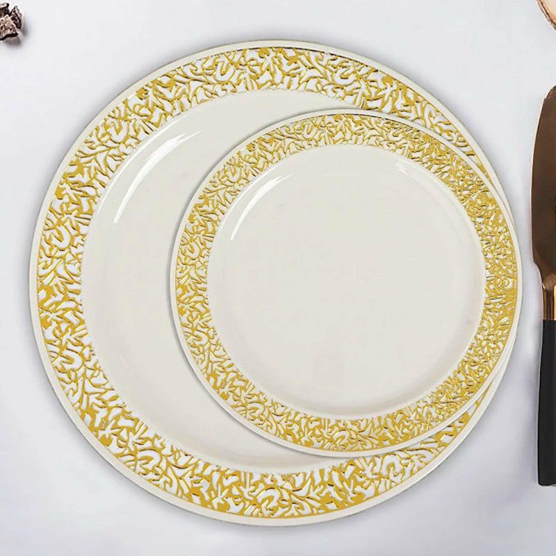 10 Pack Gold Lace Rim Ivory Plastic Dessert Appetizer Plates, Disposable Salad Plates 6″  |   Disposable Salad/Dessert Plates Disposable Plates Disposable Salad/Dessert Plates