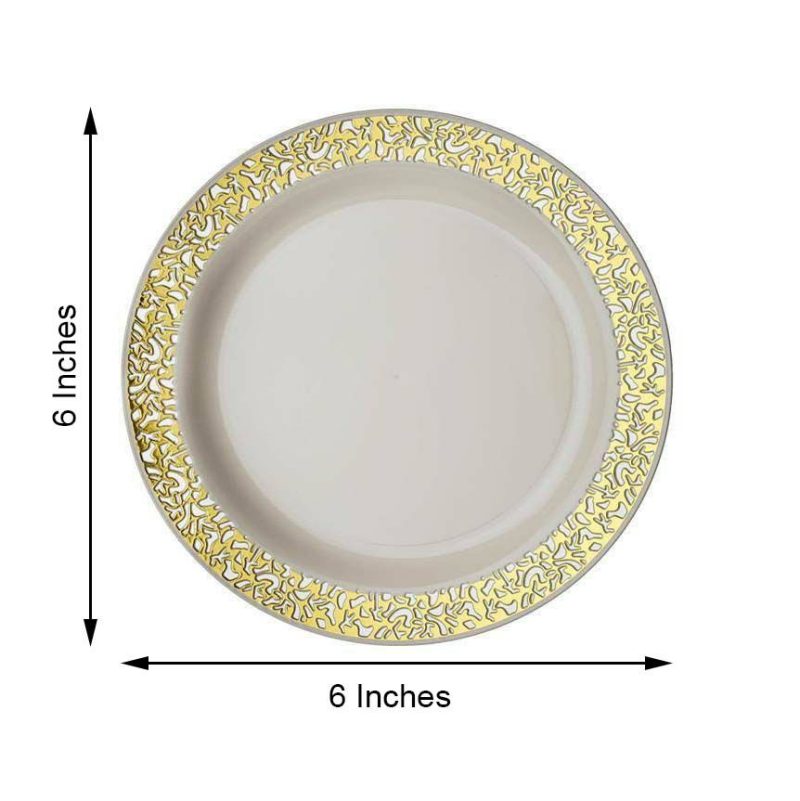 10 Pack Gold Lace Rim Ivory Plastic Dessert Appetizer Plates, Disposable Salad Plates 6″  |   Disposable Salad/Dessert Plates Disposable Plates Disposable Salad/Dessert Plates