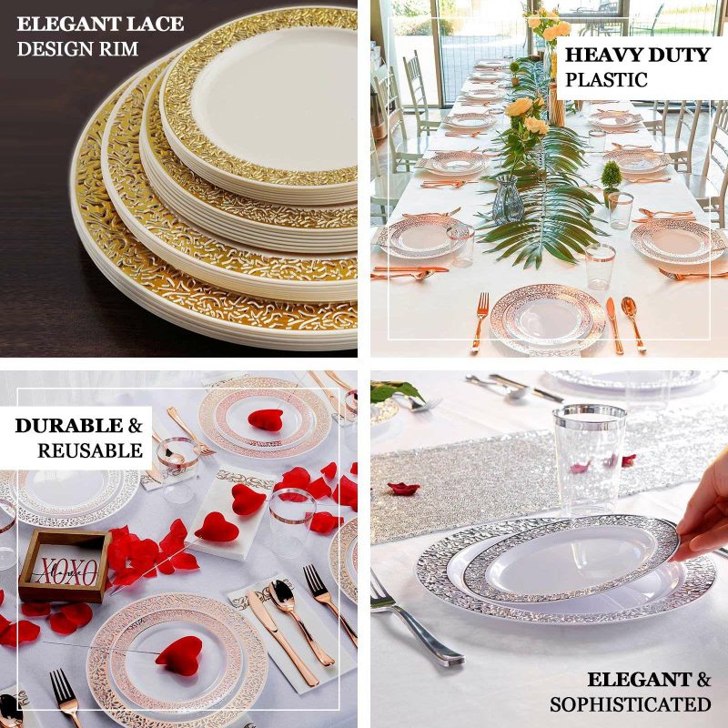 10 Pack Gold Lace Rim Ivory Plastic Dessert Appetizer Plates, Disposable Salad Plates 6″  |   Disposable Salad/Dessert Plates Disposable Plates Disposable Salad/Dessert Plates