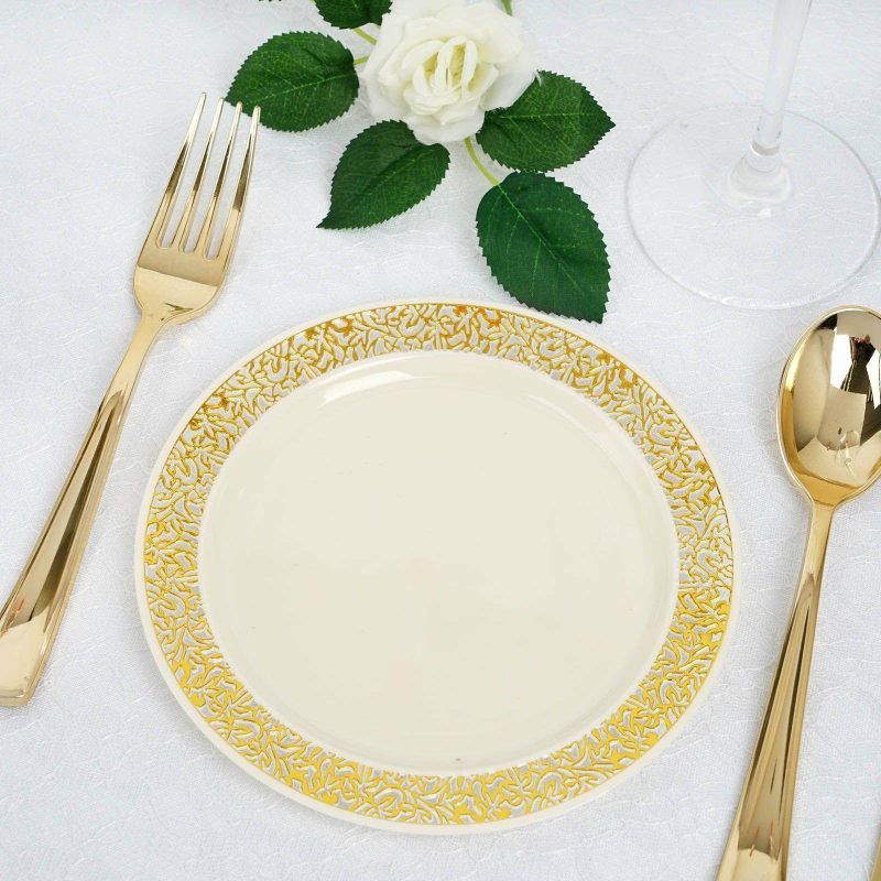 10 Pack Gold Lace Rim Ivory Plastic Dessert Appetizer Plates, Disposable Salad Plates 6″  |   Disposable Salad/Dessert Plates Disposable Plates Disposable Salad/Dessert Plates