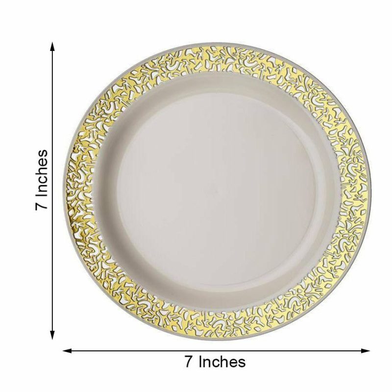 10 Pack Gold Lace Rim Ivory Plastic Dessert Appetizer Plates, Disposable Salad Plates 7″  |   Disposable Salad/Dessert Plates Disposable Plates Disposable Salad/Dessert Plates