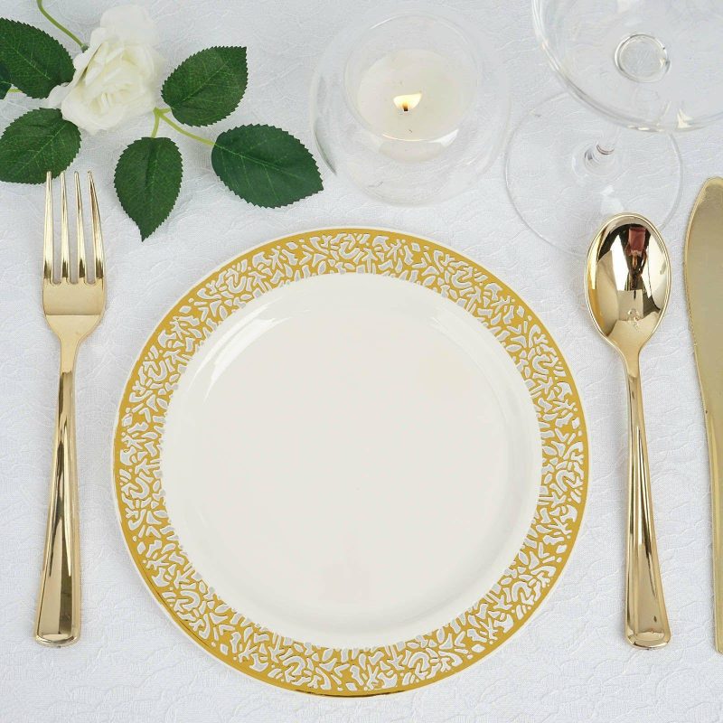 10 Pack Gold Lace Rim Ivory Plastic Dessert Appetizer Plates, Disposable Salad Plates 7″  |   Disposable Salad/Dessert Plates Disposable Plates Disposable Salad/Dessert Plates