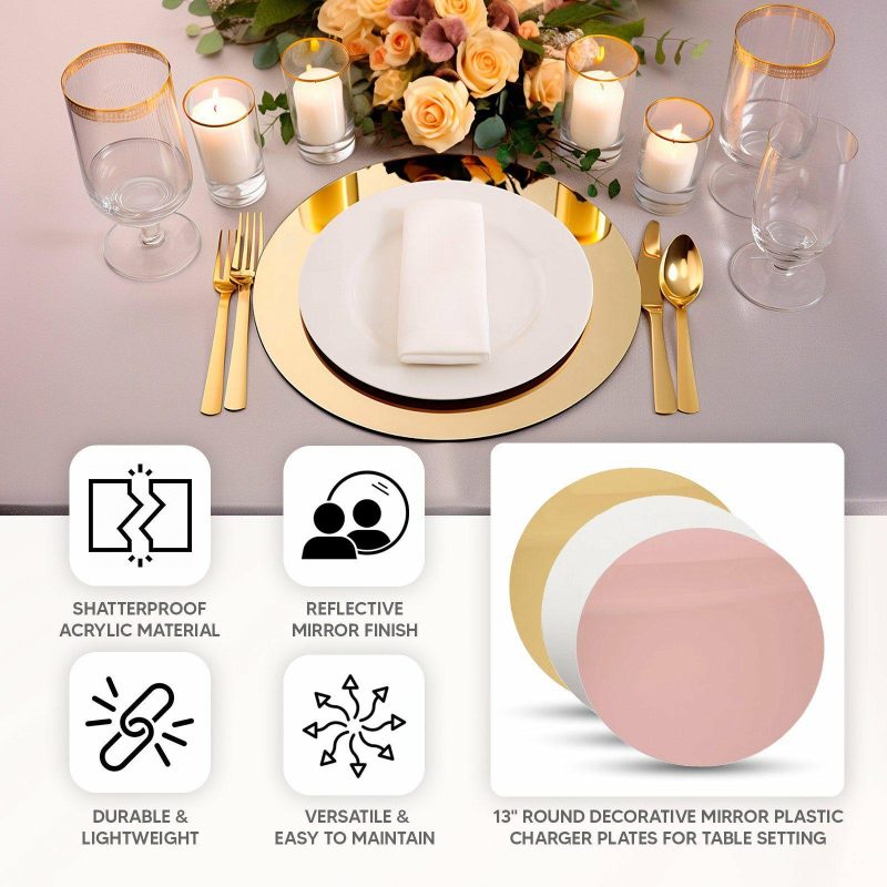 10 Pack Gold Mirror Acrylic Charger Plates For Table Setting, Lightweight Round Decorative Dining Plate Chargers 13″  |   Acrylic Charger Plates Acrylic Charger Plates Acrylic Charger Plates