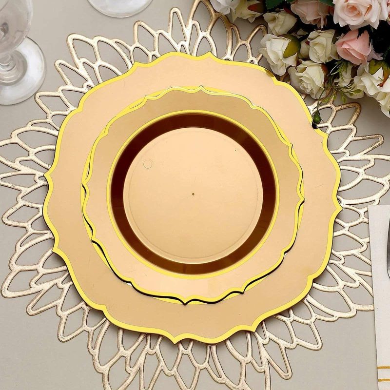 10 Pack Gold Plastic Dessert Salad Plates, Disposable Tableware Round With Gold Scalloped Rim 8″  |   Disposable Salad/Dessert Plates Disposable Plates Disposable Salad/Dessert Plates