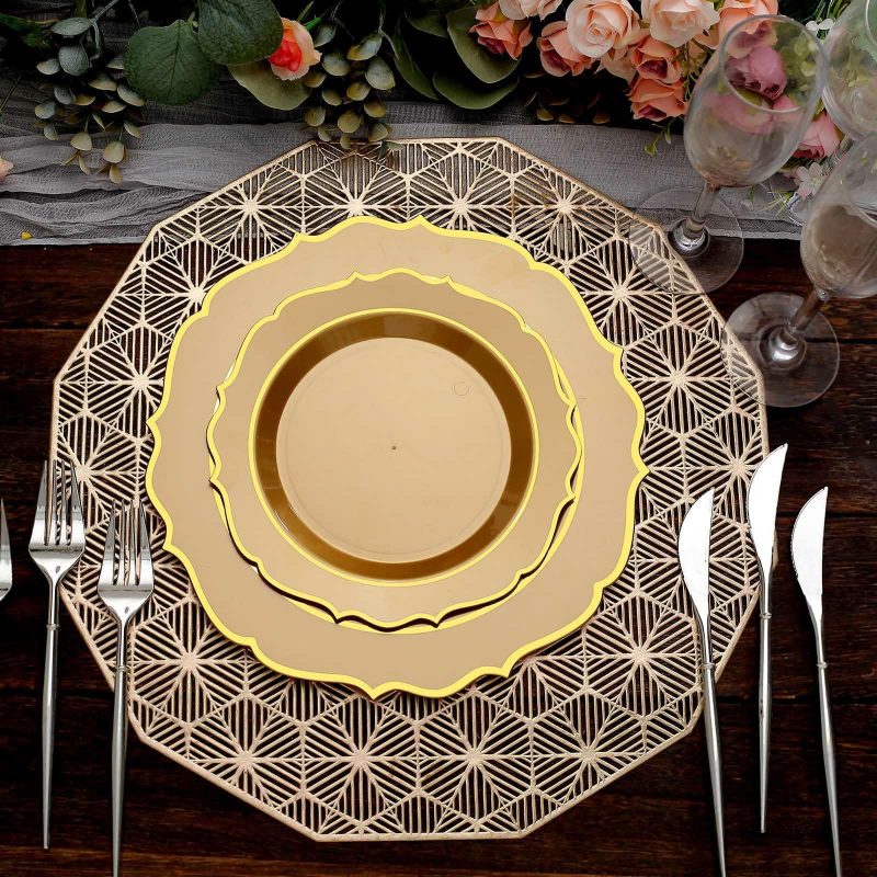 10 Pack Gold Plastic Dessert Salad Plates, Disposable Tableware Round With Gold Scalloped Rim 8″  |   Disposable Salad/Dessert Plates Disposable Plates Disposable Salad/Dessert Plates