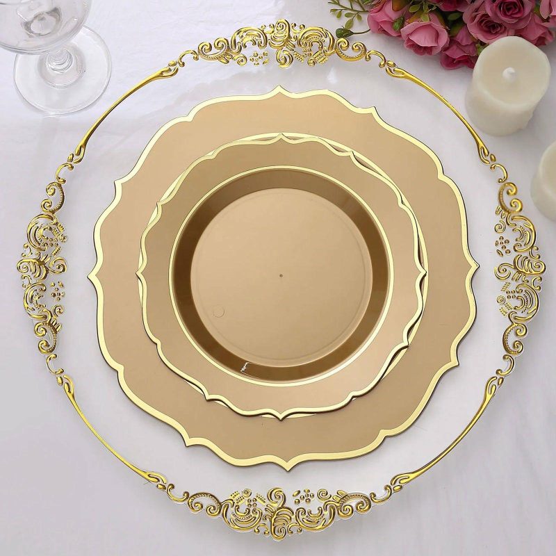 10 Pack Gold Plastic Dessert Salad Plates, Disposable Tableware Round With Gold Scalloped Rim 8″  |   Disposable Salad/Dessert Plates Disposable Plates Disposable Salad/Dessert Plates