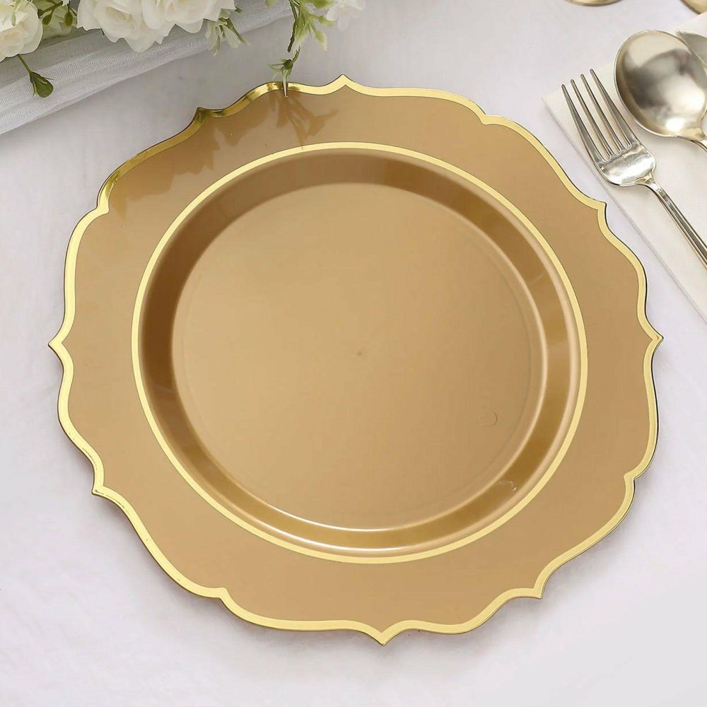 10 Pack Gold Plastic Dinner Plates Disposable Tableware Round With Gold Scalloped Rim 10″  |   Disposable Dinner Plates Disposable Dinner Plates Disposable Dinner Plates