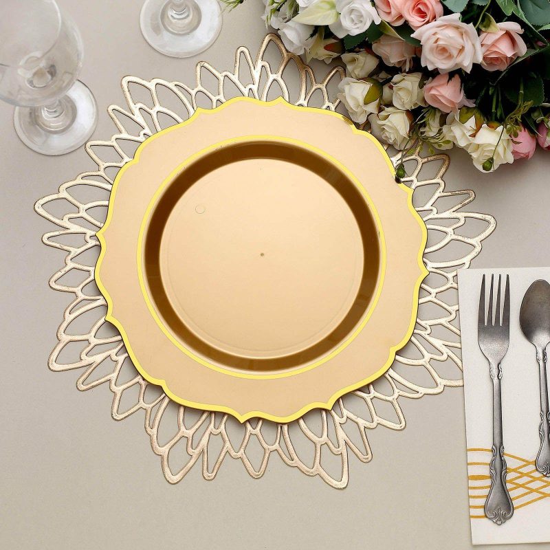 10 Pack Gold Plastic Dinner Plates Disposable Tableware Round With Gold Scalloped Rim 10″  |   Disposable Dinner Plates Disposable Dinner Plates Disposable Dinner Plates