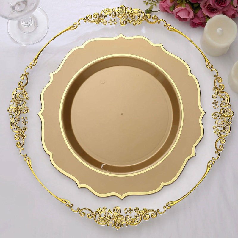 10 Pack Gold Plastic Dinner Plates Disposable Tableware Round With Gold Scalloped Rim 10″  |   Disposable Dinner Plates Disposable Dinner Plates Disposable Dinner Plates